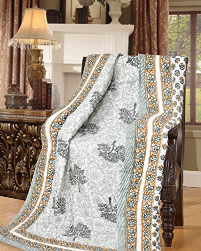 Image of BLOCKS OF INDIA Cotton Single Size Quilt Hand Block Print for Light Winters (60X90 Inches) (Green Yellow Tree), Lightweight, 300 TC