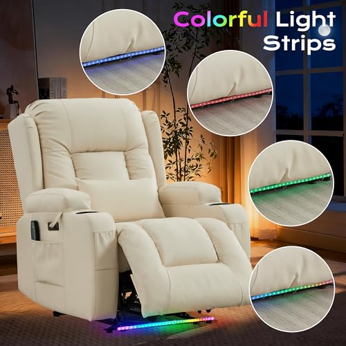 Image of URRED Recliner Chair with Massage and Heat, Power Reclining Sofa Chair Home Theater Seating with LED Ambient Light, USB Ports, Cup Holders, Side Pockets, Faux Leather (Beige, Set of 1)