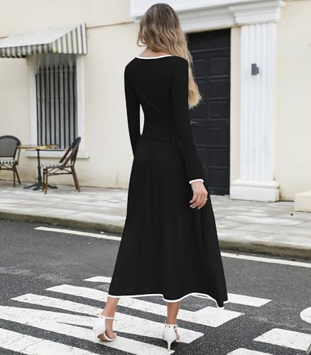 Women's Fall Ribbed Knit Two Piece Outfit Long Sleeve Top & High Waist Pleated Midi Skirt with Pockets2