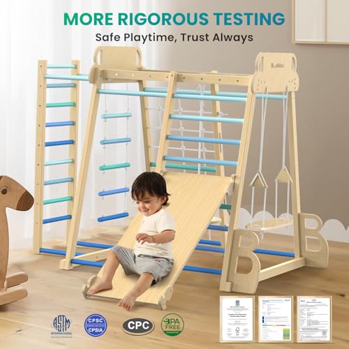BlueWood Upgraded Indoor Jungle Gym 9-in-1 Playground Kids Climbing Toys, Waldorf Style Wooden Climber Playset with Slide, Swing, Monkey Bars, Upright/Rope Ladder, Climb Net, Blue - Thumbnail 7