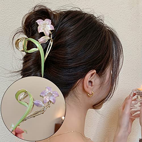 Lily Hair Claw Clips With Pearl For Women 3Pcs Flower Hair Claw Large Tulip Orchids Non-Slip Strong Metal Hair Clips Hold Hair Acetate Jaw Clips Hair Accessories For Thick Hair(Purple Pink Yellow) #TOP3