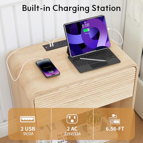 XUZENEST Fluted Nightstand with Charging Station, Mid Century Modern Bed Side Table End Table with Drawer Storage, Large Wooden Night Stands Bedside for Bedroom Living Room Sofa Office, Natural — view 4