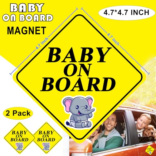 Image of 2 Pack Baby on Board Magnet for Car, Magnetic Safety Sign with Reflective, Strong Car Magnet Sticker, Waterproof Baby in Car Sign for Dad Mom, Easy to Attach and Remove 4.7 Inch(Yellow - 2 Pack)
