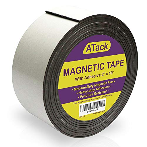 ATack Magnetic Tape Strip Roll, 2-Inch x 10-Foot, Self-Adhesive, Peel and Stick on Double-Sided Magnet Strips for Fridge, Crafts and DIY Projects