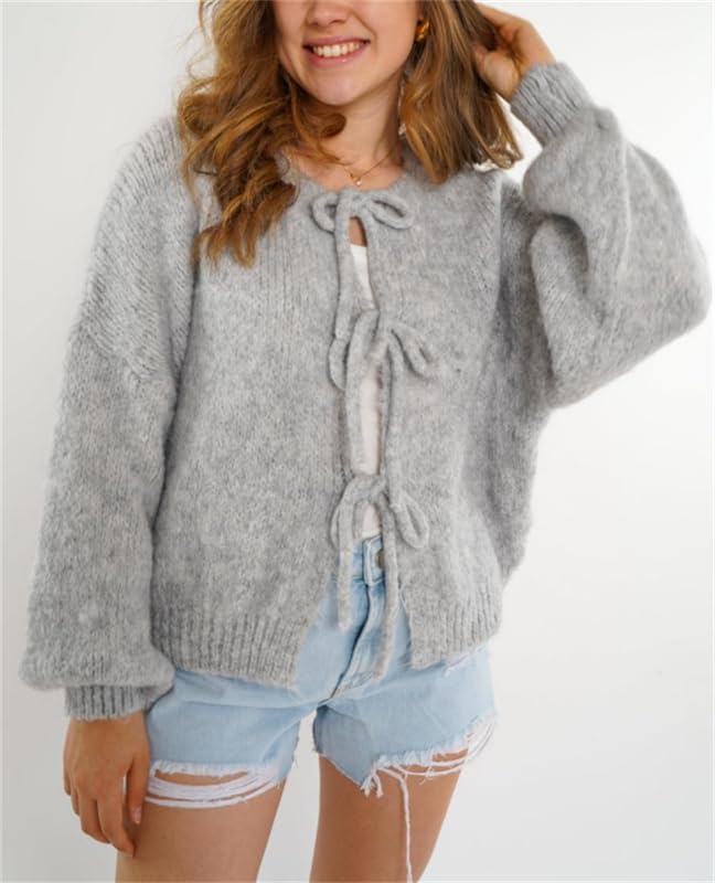 Image of Women Tie Front Oversized Knitted Cardigan Y2k Girls Knitwear Sweater Top Lantern Sleeve Open Front Cardigan (Grey, M)
