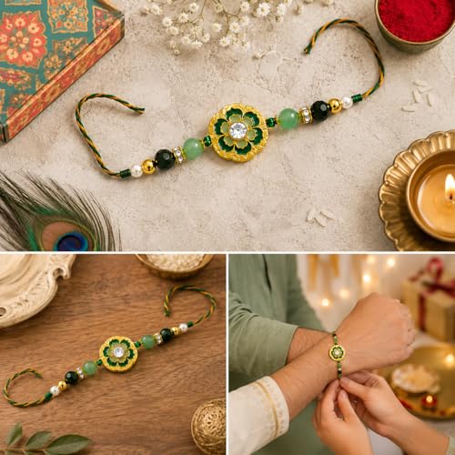 Image of JAIPUR ACE Elegant Blue inchBRO inch Designer Rakhi Gift Set with Greeting Card and Roli Chawal Pouch, Premium Brother Rakhi, Festive Raksha Bandhan Gift for Brother, Traditional (Green Elegant Rakhi)