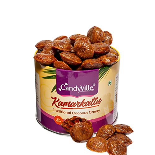 Image of CandyVille Kamarkattu Coconut & Jaggery Candy Tin (Pack Of 2)|Hard And Dark Roasted|Traditional Coconut Candy|Made With Jagger¦680 Gram