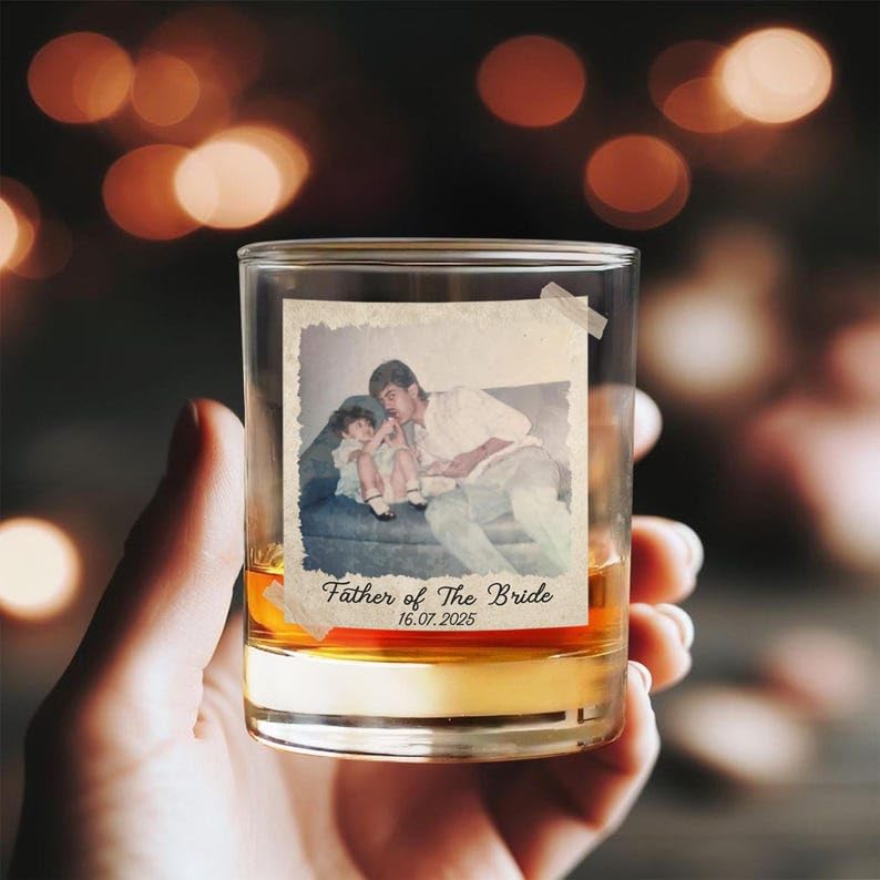 Personalized Gift for Father of the Bride Father of the Groom Custom Photo Whiskey Glass Wedding Keepsake Custom Gifts For New Dad Wine Bourbon Whiskey Lovers Grandpa Gifts