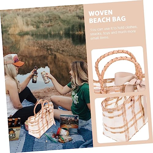 Beaupretty Waterproof Woven Beach Bag for Women Casual Khaki Tote for Summer Travel Portable Storage Random Color4