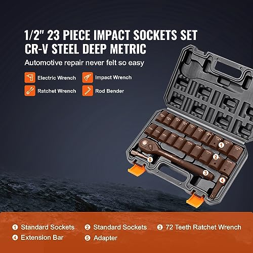 Image of VEVOR 1 /2 inch Drive Impact Socket Set, 23 Piece Socket Set SAE （7 /16 inch -1 inch）& Metric （13-24mm）6 Point Cr-V Alloy Steel for Auto Repair with Ratchet Handle Rugged Construction Storage Case