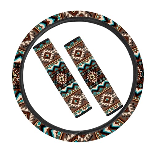 JOAIFO Boho Steering Wheel Cover and Car Seat Belt Cover Sets for Men, Southwest Geometric Design 15 Inch Steering Wheel Cover, Soft Comfortable Shoulder Seat Belt Covers, Universal Fits