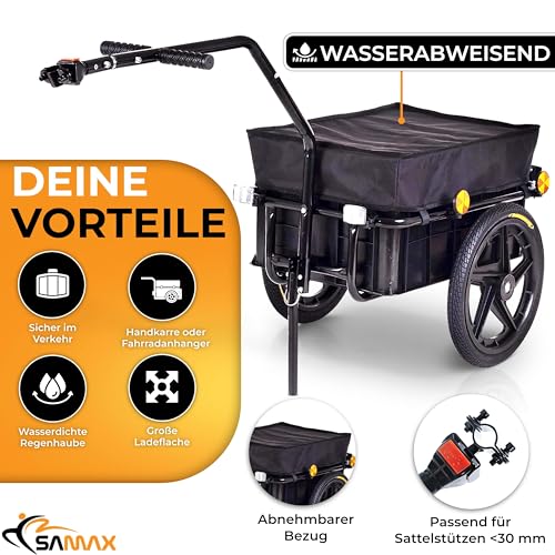 SAMAX Transportanhänger 70 Liter / 60 Kg Fahrradanhänger Lastenanhänger mit Kupplung Fahrrad Anhänger Handwagen mit Kunststoffwanne in Schwarz