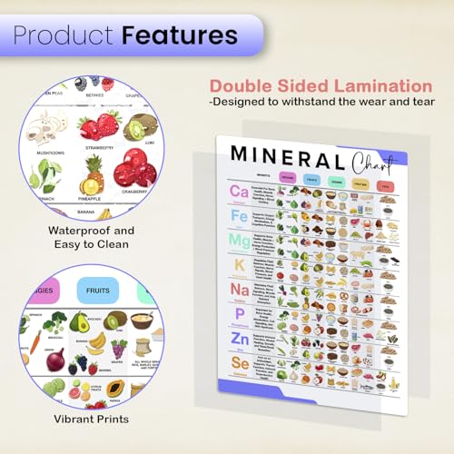 bqw Pôster de vitamina e mineral, tabela de alimentos saudáveis, 4 peças 28 x 43 cm, tabela de vitam