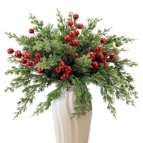 45 Stück Weihnachten Künstliche Tannenzweige Mit Rot Beeren Für...