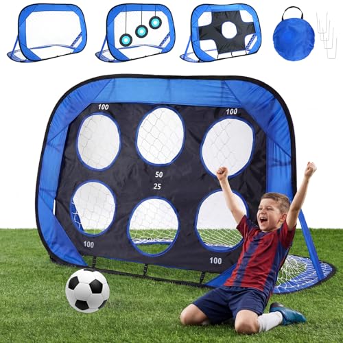 Portería de Fútbol 4 en 1 para Niños – 120×80 cm con 2 Redes Intercambiables (6 Agujeros y Cruz) + 3 Dianas de Entrenamiento – Pop Up Plegable y Portátil con Bolsa de Transporte para Jardín, Playa