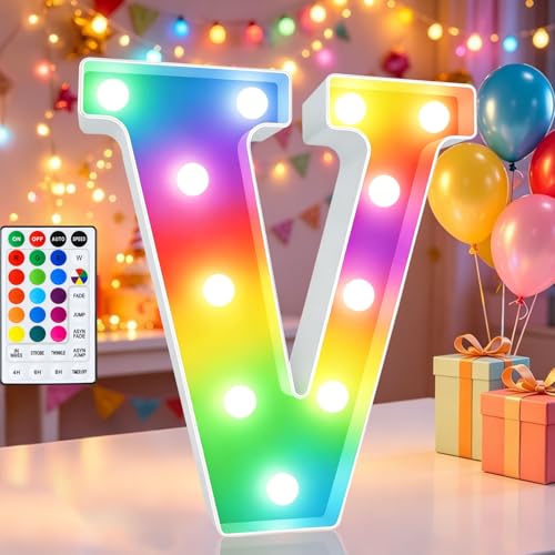 Image of LED Marquee Letter Lights, 18 Colors Changing Light Up Letters with Remote, RGB Alphabet Letters Sign for Girls Boys Gift Birthday Party Night Light Bedroom Wedding Christmas Decor-Colorful V