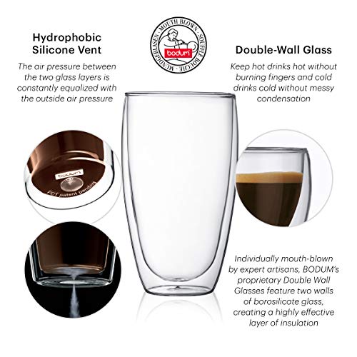 Bodum PAVINA Doppelwandige Gläser 2 Stück – 450ml Kaffeetassen – Thermobecher – Spülmaschinenfest – Mundgeblasenes Borosilikatglas – Ansicht 2