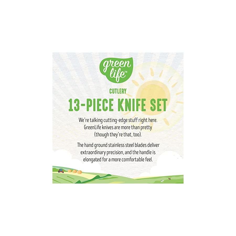 GreenLife-High-Carbon-Stainless-Steel-13-Piece-Wood-Knife-Block-Set-with-Chef-Steak-Knives-and-more-Comfort-Grip-Handles-Triple-Rivet-Cutlery-Soft-Pink GreenLife High Carbon Stainless Steel 13 Piece Wood Knife Block Set with Chef Steak Knives and more, Comfort Grip Handles, Triple Rivet Cutlery, Soft Pink