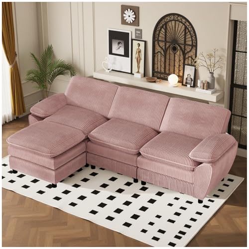 Wyibwy Sofá de 3 plazas, sofá de esquina, sofás modulares en L, con doble cojín, sofá de salón con funda extraíble, tejido de terciopelo arrugado (Rosa)