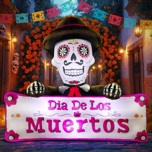 DomKom 6FT Halloween Inflatable Blow Up Decorations Dia de Los Muertos Day of Dead Banner Build-in LED Lights Holiday Blow Up Yard Decoration for Halloween Party Outdoor Garden Yard Lawn Decor