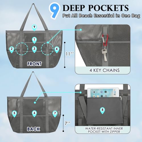 Image of Fammart Mesh Beach Bag for Women, Large Beach Toy Pool Bag with Zipper Pocket, SandProof Cruise Essentials 2026 Family Travel