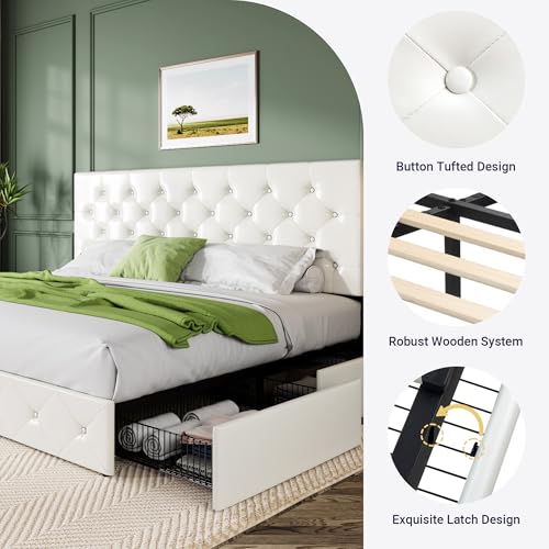 Image of Allewie King Size Platform Bed Frame with 4 Storage Drawers and Headboard /Upholstered Diamond Stitched Button Tufted /Wooden Slats Support /Mattress Foundation /No Box Spring Needed /White