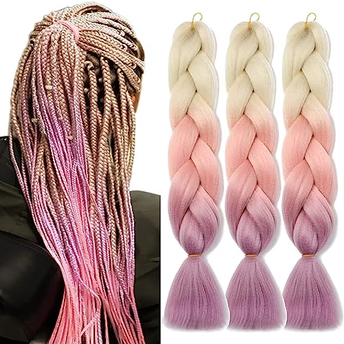 Extensiones de cabello PORSMEER para trenzas jumbo de fibra sintética, pack de 3 en rosa y rubio