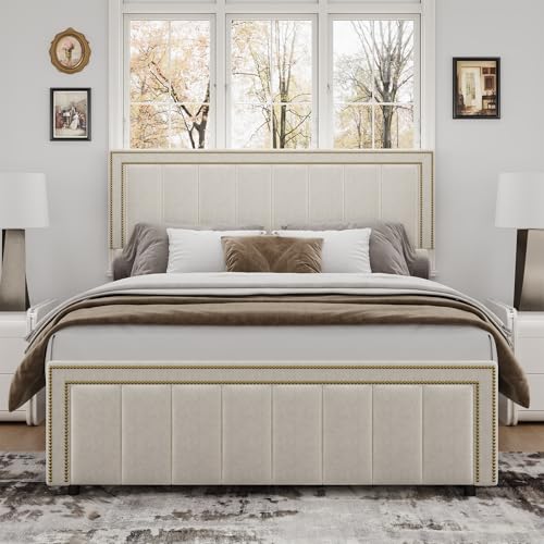Image of BarnFurin Full Size Bed Frame with 50 inch Tall Headboard and Footboard, Chenille Upholstered Bed Frame, Vertical Channel Tufting with Nailhead Trim, No Box Spring Needed, Easy Assembly, Beige