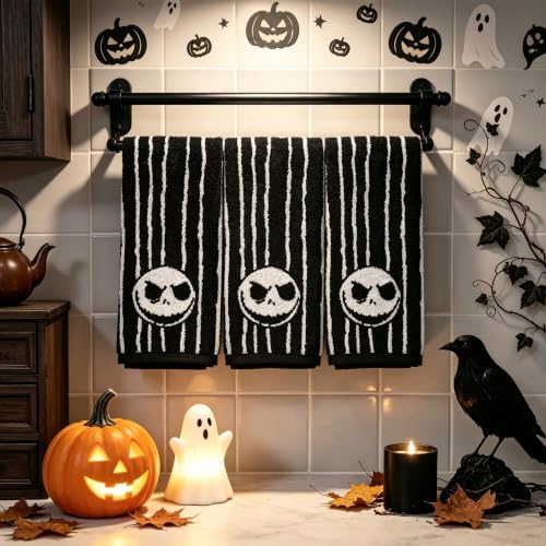 Halloween Striped Skull Hand Towels 3 Pack, Reversible Cotton Decor - image 5