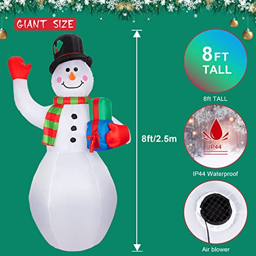 SOLLED 8 FT Christmas Inflatables Giant Snowman Outdoor Decorations, Colorful Rotating Lights & Built-in 2 White LEDs, Xmas Blow up Yard Decorations for Outside Garden Patio Lawn Holiday