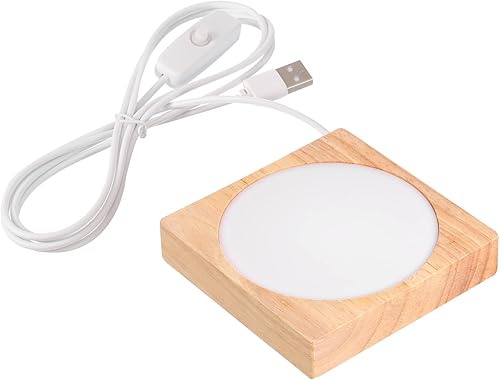PATIKIL Base de luz LED de madera de 4 pulgadas, base de exhibición de luz de madera con interruptor para arte de resina de cristal 3D, blanco frío,