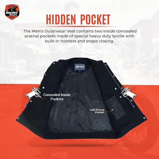 Miniatura 5 de Daniel Smart - Chaleco de mezclilla para hombre, cuello redondo, para motocicleta, con bolsillos interiores y cremallera oculta