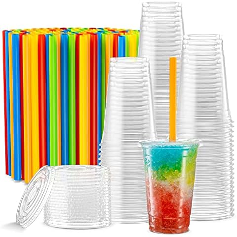 ELEGANT DISPOSABLES [40 Sets - 24 Oz] Crystal Clear PET Plastic Cups With Flat lids & Straws for Iced Coffee, Cold Drinks, Milkshake, Slush Cup, Smoothy's, Slurpee, Party's, Plastic Disposable Cups Cover