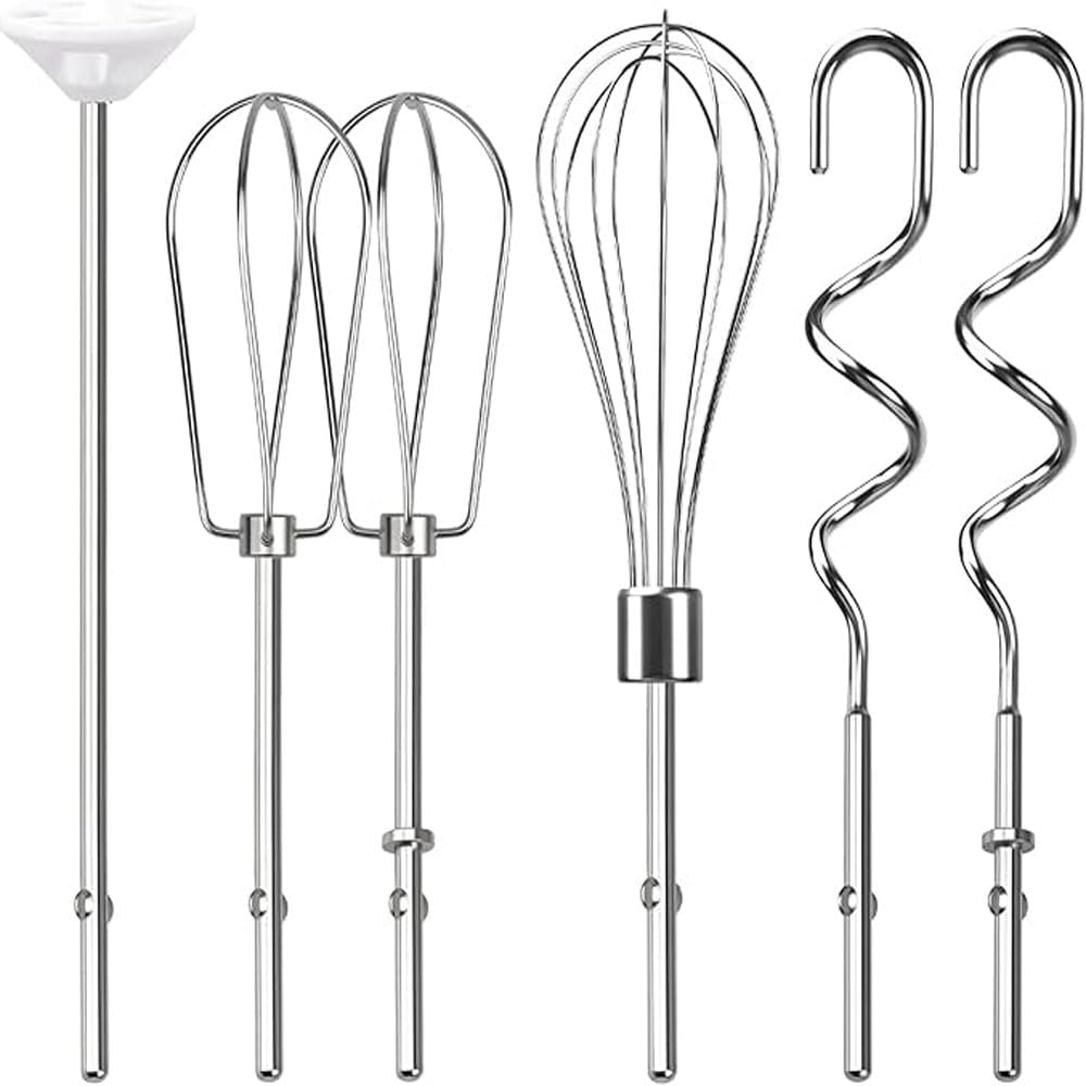 6-Pack Stainless Steel Hand Mixer Attachments Set, Compatible with KitchenAid KHM3 KHM5 KHM7 KHM9, Includes Whisk, Dough Hooks and Blending Rod, Premium Hand Mixer Tool Supplies and Accessories