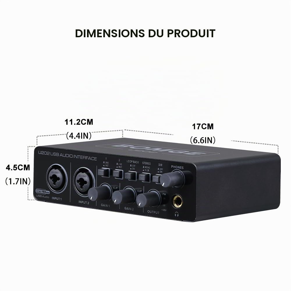 BOMGE Interface audio USB U202 avec préamplificateur micro ports XLR/TSR/TS, 48 V, résolution 32 bits/192 kHz pour enregistrement par ordinateur, streaming, podcast