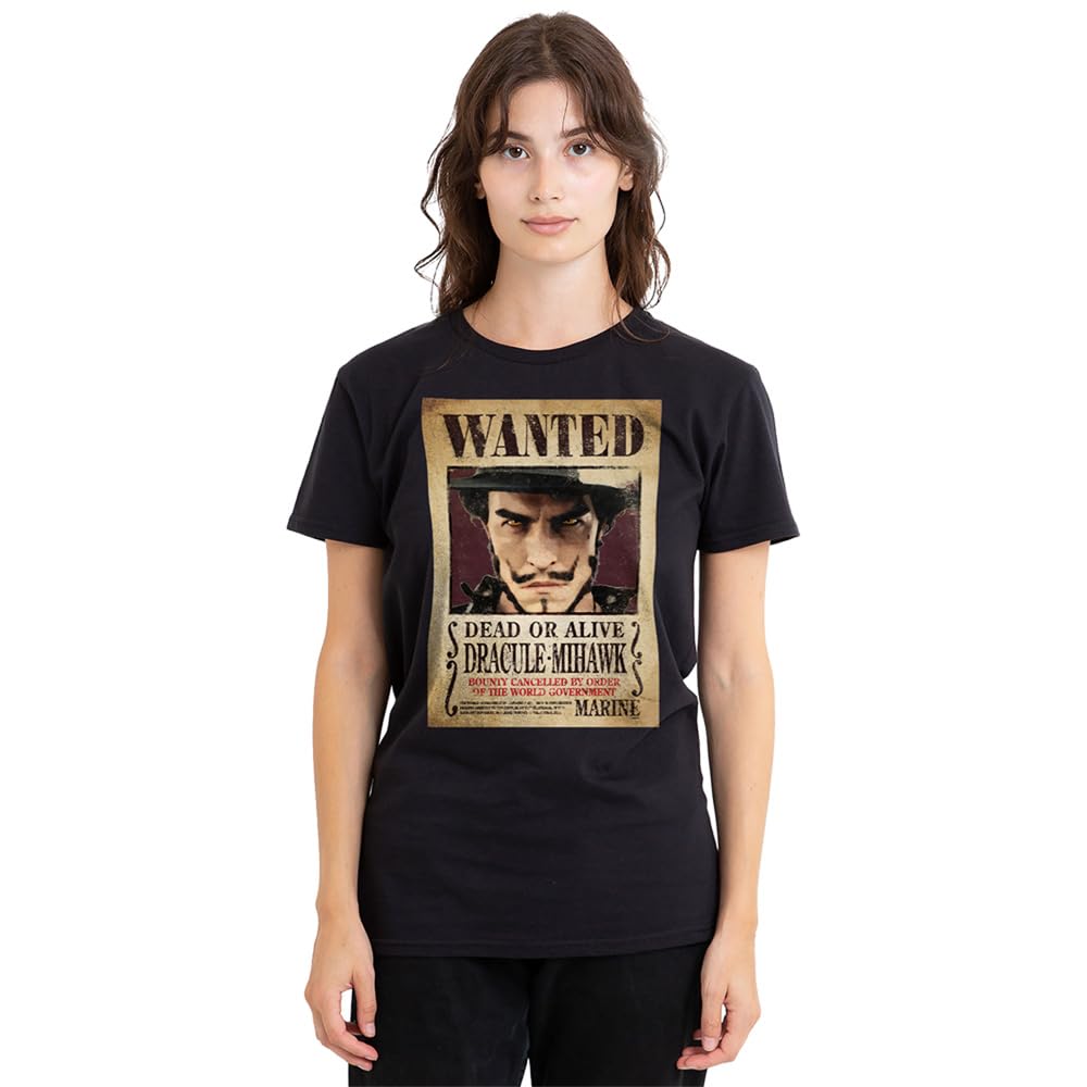 One Piece Dracule Mihawk Pirate Wanted Poster Ladies T Shirt, Black, Medium