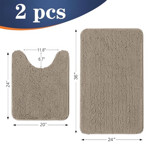 Image of OLANLY Bathroom Rugs Sets 2 Piece, Soft Absorbent Chenille Bath Mats and U-Shaped Contour Toilet Mat Area Rug Set, Machine Washable Bath Carpet, Home Decor Accessories(36 inchx24 inch+24 inchx20 inch, Warm Taupe)