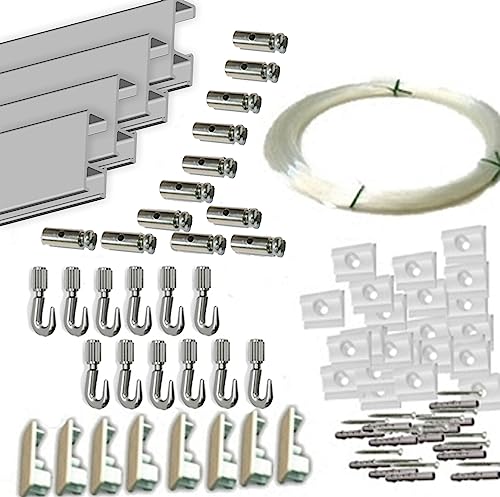 MARCS ARIAS SL Pack FAST Basic de 12 Metros Rieles de Aluminio (Blanco o Plata) y 12 colgadores Nylon para Colgar Cuadros… (Aluminio Plata Mate)