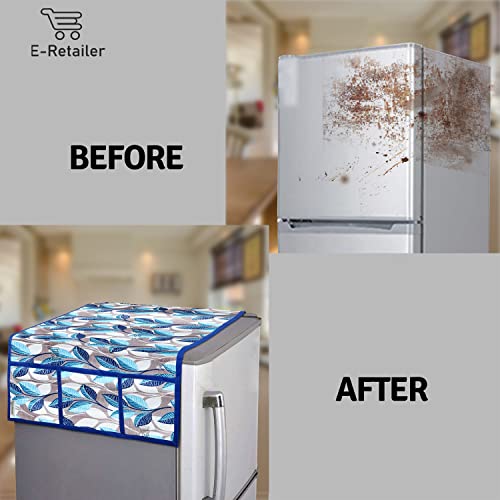 Image of Polyester 3-Layered Fridge Top Cover /Refrigerator Cover with Utility Pockets and Set of 4 Pc Fridge Mats (Color- Leaf Blue, Size-39x21 Inches)