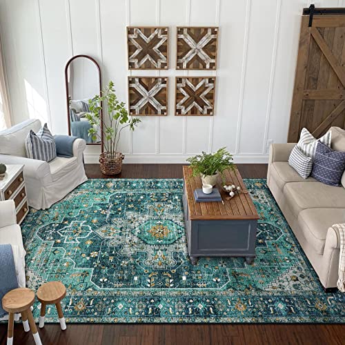 Moynesa Ultra-Thin Washable Vintage Area Rug - 6x9 Teal Large Dining Room Rug for Bedroom, Non-Shed Living Room Mat, Indoor Oriental Medallion Hardwood Floor Carpet for Office Home Decor