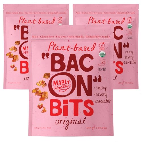 Madly Hadley Plant‑Based Bacon Bits, 3 packs - 6oz | Organic Coconut Vegan Bacon Snack | Topping for Salads, Pasta & Pizza | Gluten & Soy Free, Non-GMO, Vegetarian - Original Flavor