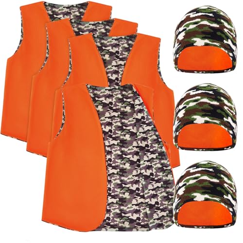 Shyyween 6 Pack Blaze Orange Reversible Hunting Vest Hat Set 3 Reversible Hunting Vest 3 Camo and Blaze Orange Hat for Men Outdoor Sports Fishing and Hiking (Kid)