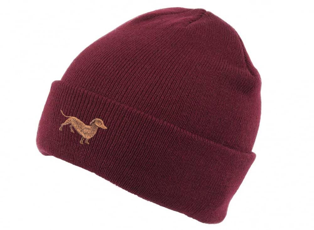 The House Of Dog Unisex Burgundy Dachshund Sausage Dog Owner Gift. Classic Cuffed Beanie Ski Hat With Embroidered Design.