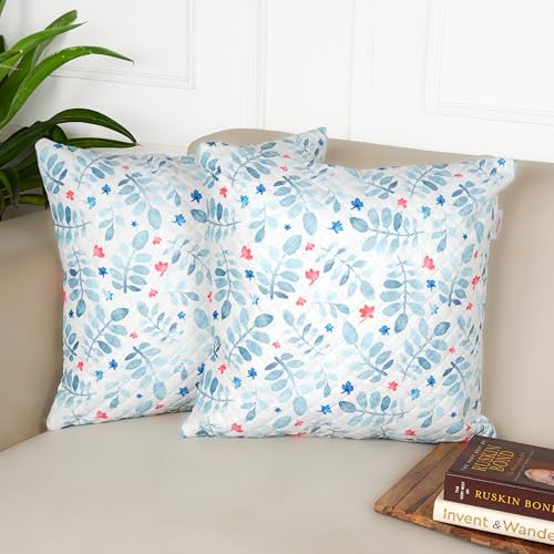 Image of STITCHNEST 'QuadraNest' Series Printed Quilted Velvet Cushion Cover 16x16 Inch Set of 2 | Premium Soft Fabric, Washable & Fade Resistant | Decorative Living Room Cushion Covers | Blue Floral