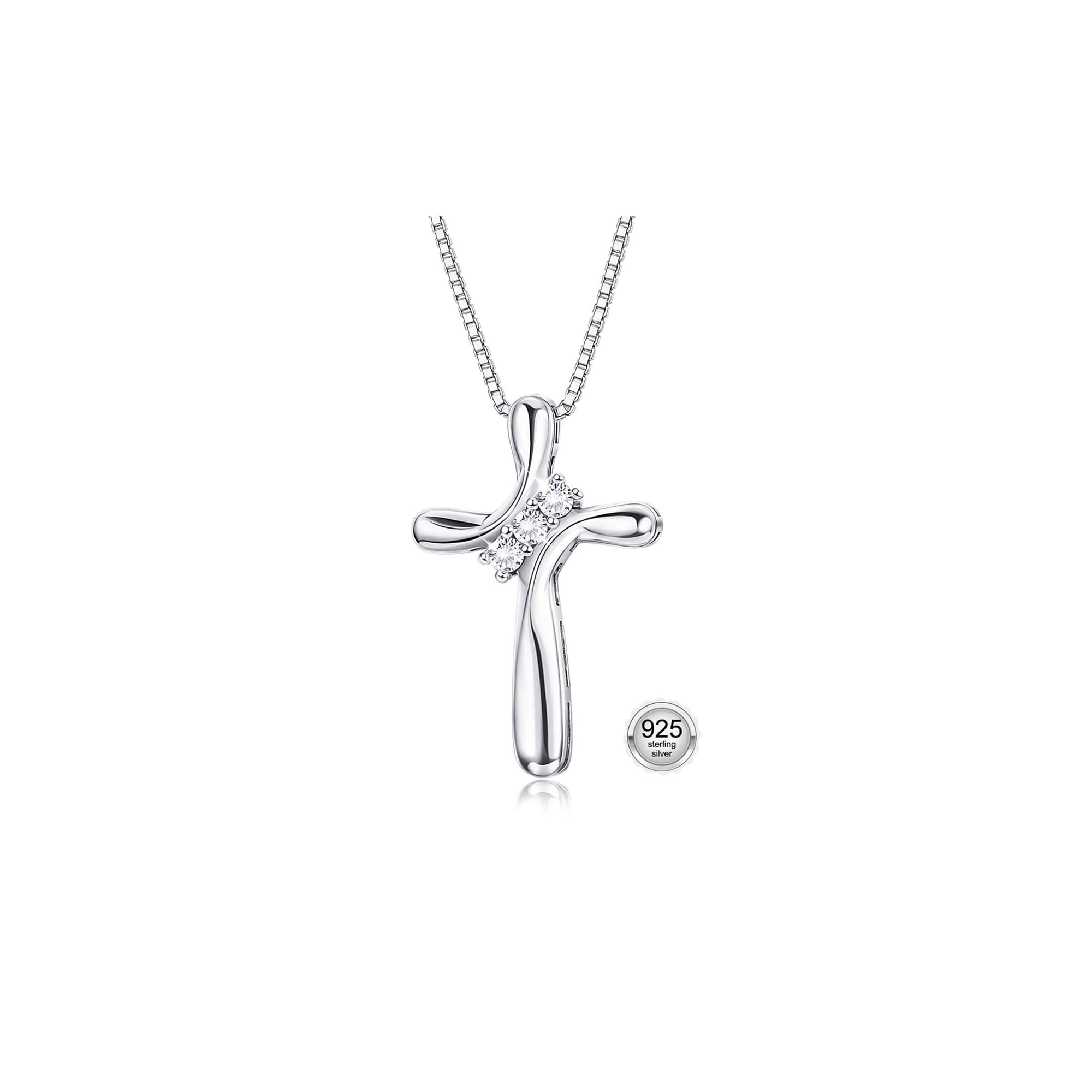 925 Sterling Silver Cross Necklace for Women 3 Stone Cubic Zirconia Silver Cross Pendant Necklaces with 1 MM Box Chain,18 Inches