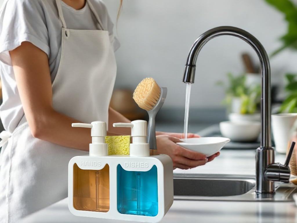 Esby Soap Dispenser Set, 4-in-1 Dish Soap Dispenser for Kitchen Sink, Space Saving Hand Soap Dispenser, Built-in Sponge and Brush Holder, Kitchen Organizer, Collapsible Funnel for Easy Refill (White)