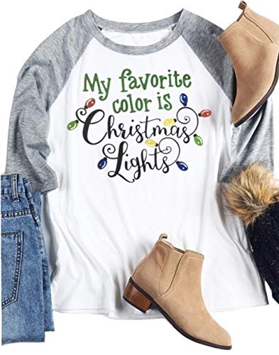 NENDFY Women Xmas My Favorite Color is Christmas Lights Funny Color Lamp Graphic Tshirt Holiday Spirit Xmas Gift Blouse (Large, Grey)