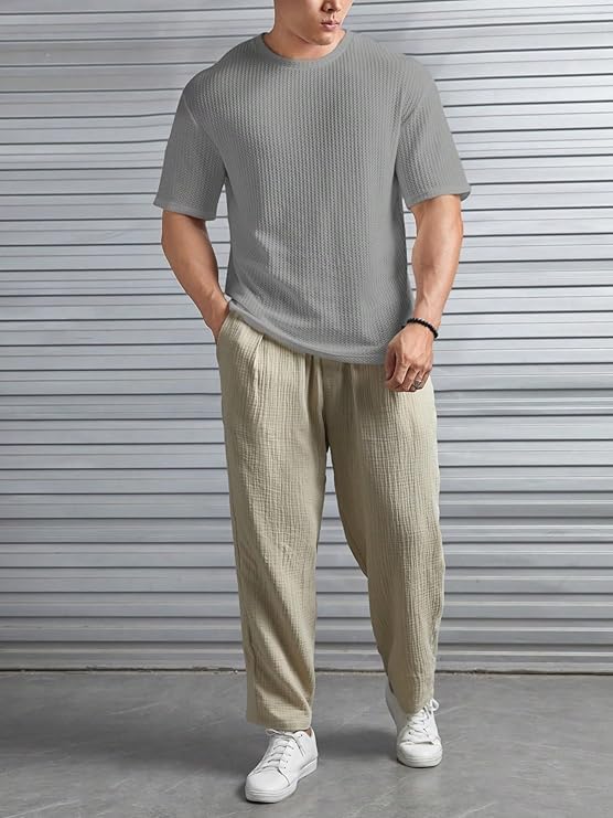 Image of Men Solid Waffle Round Neck Oversized /Dropshoulder |Baggy| Summer T Shirt for Ment Shirt