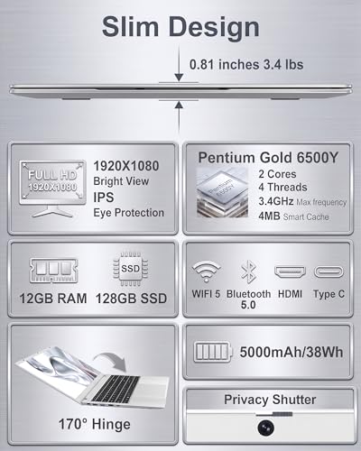 Image of Laptop 15.6 inch Laptop Computer - 12GB RAM 128GB SSD, Pentium 6500Y Processor Up to 3.4GHz, FHD IPS Display, Laptops for Business and Student, HDMI, BT5.0, WiFi 5, Traditional Laptop Computers