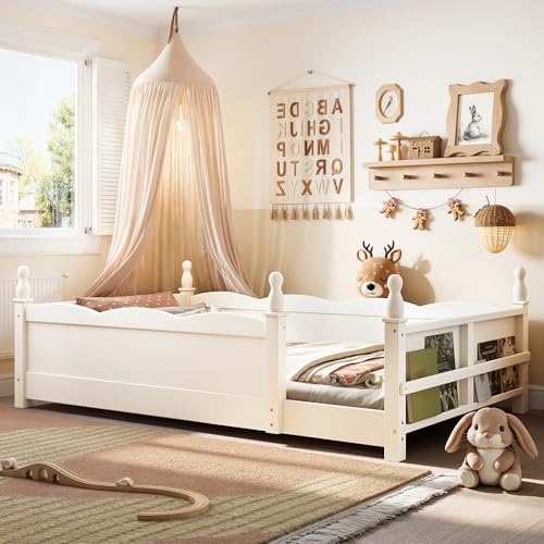 Image of Bellemave Twin Size Montessori Floor Bed Frame with High Fence, Solid Wood Kids Floor Bed with Bookshelf, Low Profile Bed for Boys & Girls, Childlike Design,Beige